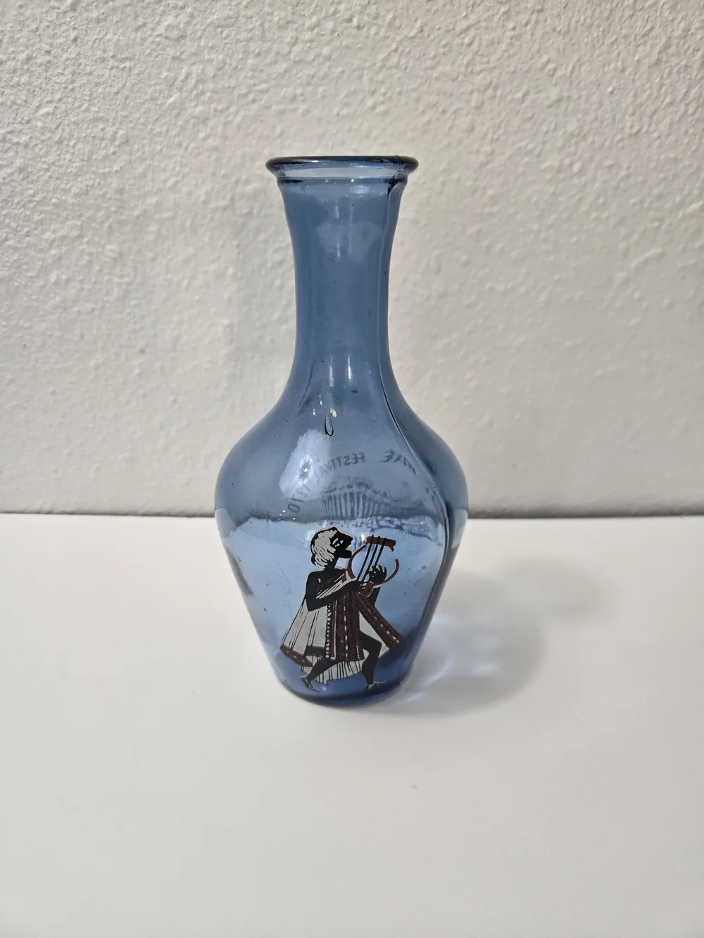 Vintage Blue Glass Decorative Bottle Vase - Greece Souvenir - 1970